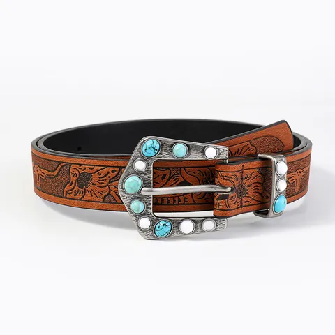 Vintage Western Cowboy Women PU Leather Belt Embossed Floral Bull Head Pattern With Turquoise Inlay Silver Alloy Buckle
