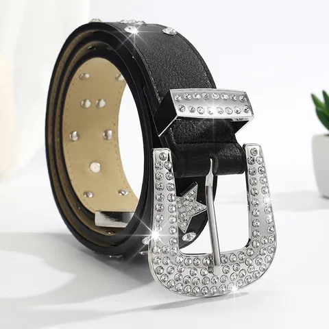Cintura da Donna con Strass a Stella Occidentale in Pelle PU Nera con Borchie di Diamanti per Jeans Moda Y2K Punk Gioielli