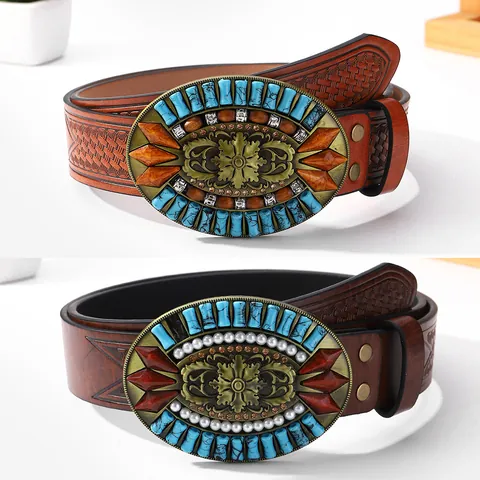 Western Cowboy Böhmisch Gürtel Für Herren Damen PU-Leder Geprägt Große Ovale Legierungsschnalle Mit Kunsttürkis Strass Retro Punk Gürtel