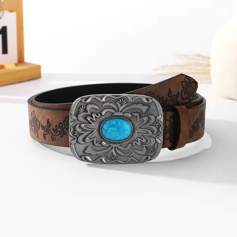 Cintura da Donna Vintage Western Bohemian Con Turchese in Pelle PU Floreale a Rilievo Cintura Larga Fibbia in Lega Stile Etnico