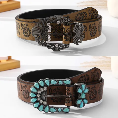 Cintura in Pelle PU Vintage Bohémien per Donna Cintura da Vita Western Cowboy Con Turchese Strass Fiori Goffrati
