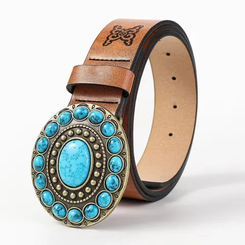 Women Vintage Bohemian Embossed PU Leather Belt With Large Carved Alloy Buckle Rhinestone Heart Oval Western Cowboy Waist Belt