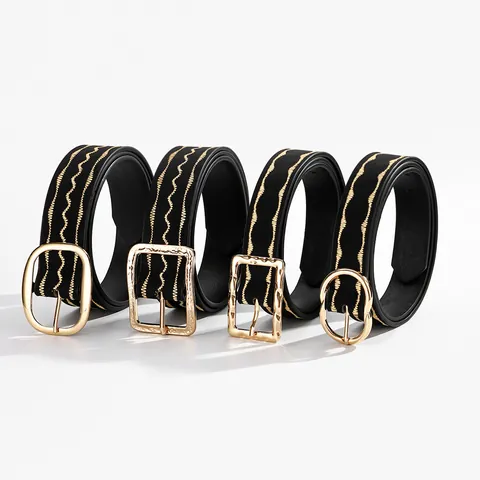 Women Fashion PU Leather Belt With Golden Wave Embroidery Square Alloy Pin Buckle Retro Waistband Accessory