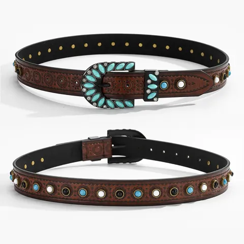 Böhmischer Vintage Türkis Damen Gürtel Retro PU Leder Western Geprägter Bund Mit Hufeisen Legierung Schnalle Mode Deko Accessoire