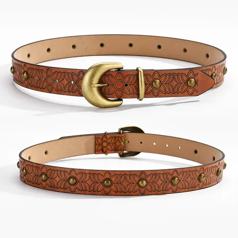 Cinturón de Cuero PU con Relieve Vintage para Mujer Patrón Floral Bohemio Tachonado Con Hebilla de Herradura de Aleación Moda Casual