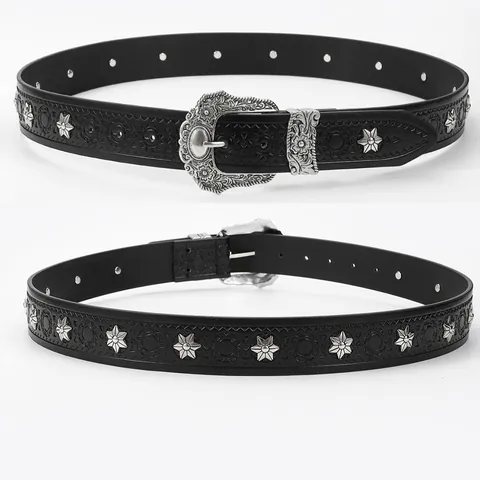 Cinturón de Cuero PU Western Punk Vintage Para Mujeres Hombres Remaches Estrella Hebilla Grabada Plata Ajustable