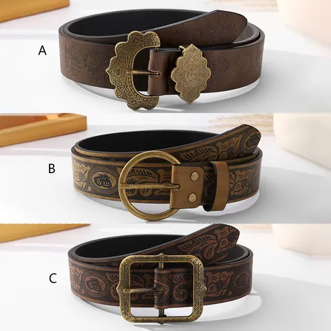 Vintage Blumen Geprägt PU Leder Gürtel Für Damen Mit Legierung Dornschließe Bohemian Western Stil Dekorative Taille Gürtel Mode Accessoire