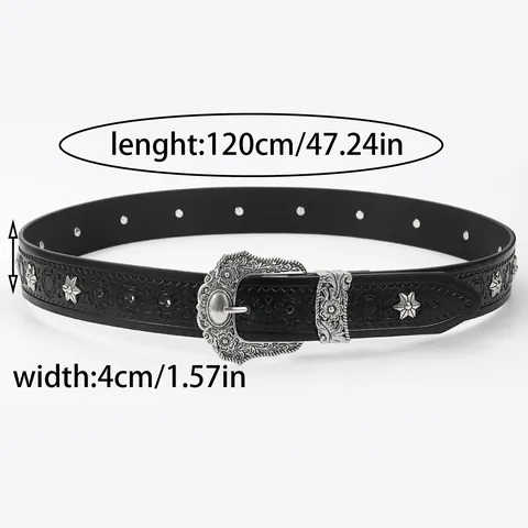 Cinturón de Cuero PU Western Punk Vintage Para Mujeres Hombres Remaches Estrella Hebilla Grabada Plata Ajustable