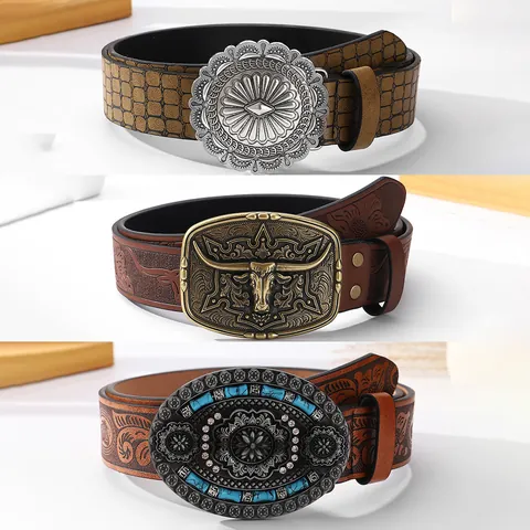 Cinturón de Cuero PU Vintage Western Cowboy para Hombre Con Hebilla en Relieve Floral de Cabeza de Toro Estilo Étnico Bohemio Casual