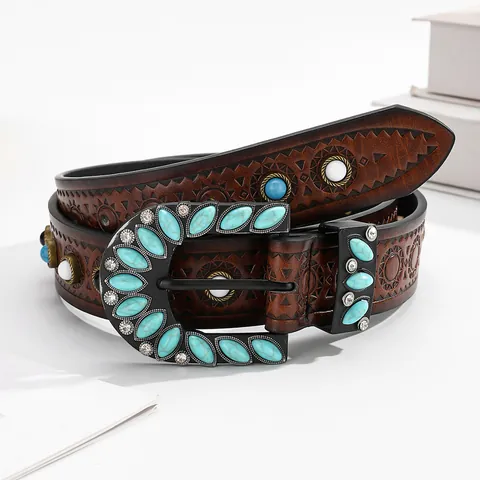 Böhmischer Vintage Türkis Damen Gürtel Retro PU Leder Western Geprägter Bund Mit Hufeisen Legierung Schnalle Mode Deko Accessoire