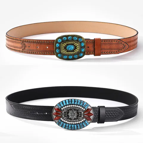Cintura in Pelle PU Bohémien Vintage da Donna Con Grande Fibbia in Lega Turchese Cintura Western Goffrata Accessorio Moda