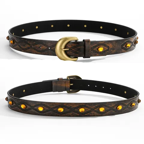 Damen Vintage Western Cowboy Stil PU Ledergürtel Geprägt Mit Perlen Antik Look Taillengürtel Legierung Hufeisenschnalle