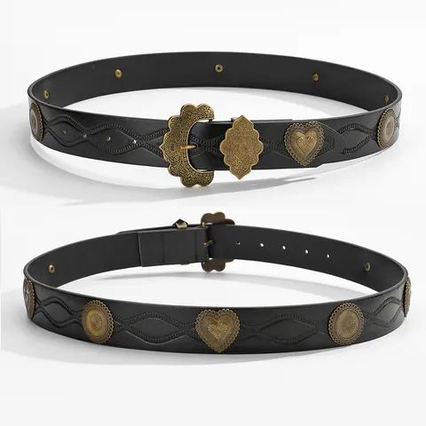 Women Vintage Bohemian Western Cowboy PU Leather Belt Embossed Heart Round Metal Rivet Wide Waist Belt Carved Alloy Buckle