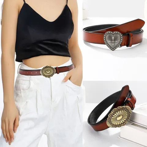 Women Vintage Western PU Leather Belt With Heart Cross Alloy Buckle Bohemian Style Fashion Waist Belt For Jeans Casual
