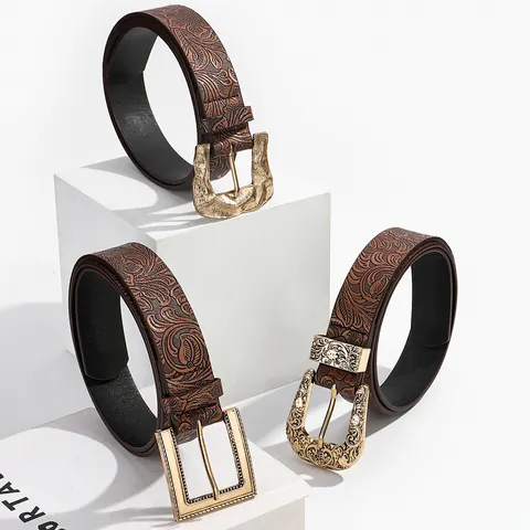 Women Vintage Embossed PU Leather Belt With Golden Alloy Pin Buckle Retro Western Floral Carved Waist Strap For Casual Fashion Accessories