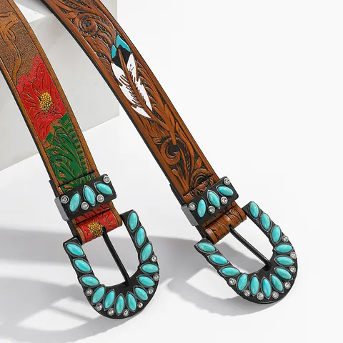 Bohemian Vintage Embossed PU Leather Belt For Women With Turquoise Alloy Pin Buckle Floral Feather Print Western Style