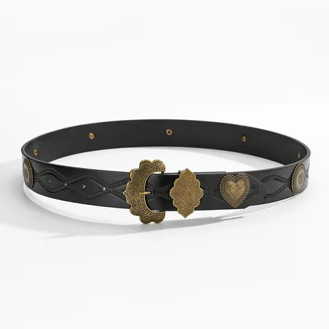 Women Vintage Bohemian Western Cowboy PU Leather Belt Embossed Heart Round Metal Rivet Wide Waist Belt Carved Alloy Buckle