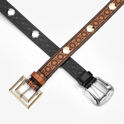 Women Vintage Western Embossed PU Leather Belt Sunburst Pattern Studded Pin Buckle Waist Strap Bohemian Ethnic Belt