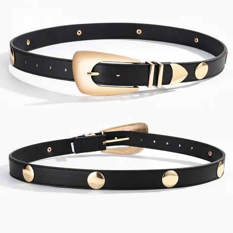 Women Fashion PU Leather Belt With Golden Alloy Geometric Pin Buckle Retro Rivet Decorative Waist Belt For Dresses Office Wear