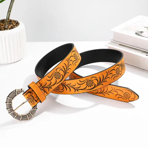 Women Vintage Y2K Bohemian Embossed PU Leather Belt With Flower Vine Pattern Alloy Buckle Adjustable Retro Waist Strap Accessory