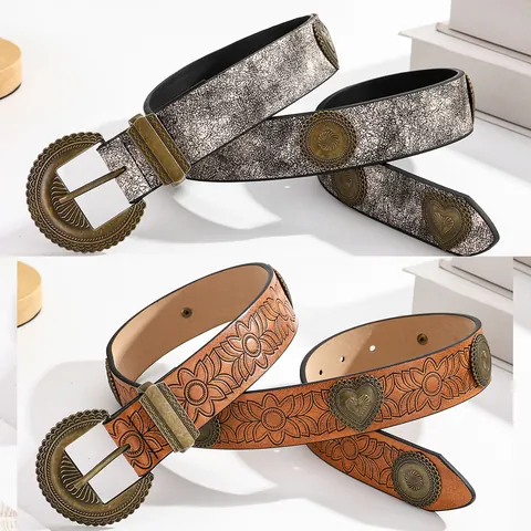 Cinturón de Cuero PU con Relieve Floral Bohemio Vintage Mujer Corazón Tachuelas Metal Cintura Hebilla Pasador Retro Western