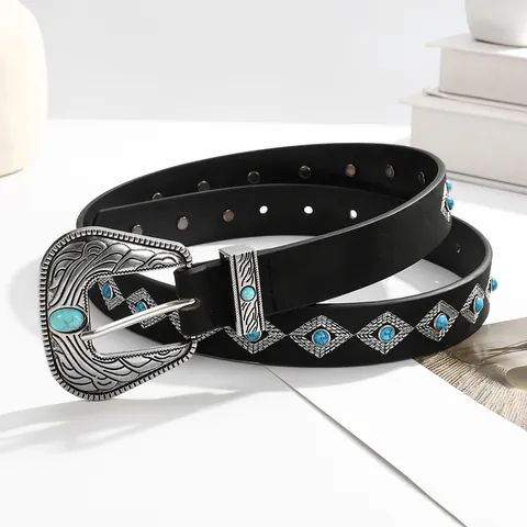 Westlicher Vintage Damen Schwarz PU Ledergürtel Rhombus Bestickt Türkis Perlen Dekorative Geschnitzte Schnalle Boho Taillengürtel