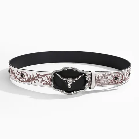 Δερμάτινη Ζώνη Western Cowboy Retro Λευκή PU Αγκράφα Πλάκας με Εγχάρακτο Κεφάλι Ταύρου από Κράμα Ανάγλυφη Ζώνη Μέσης με Λουλούδια Άνδρες Γυναίκες