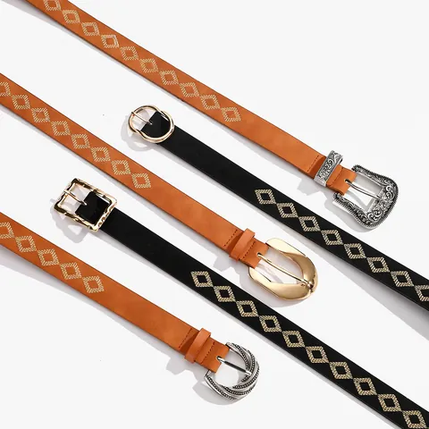 Women Vintage Bohemian Embroidered PU Leather Belt Western Carved Alloy Buckle Diamond Pattern Fashion Waist Strap Accessory