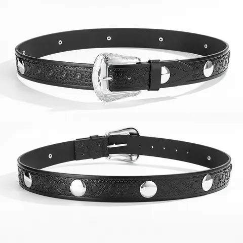 Women Vintage Western Embossed PU Leather Belt Sunburst Pattern Studded Pin Buckle Waist Strap Bohemian Ethnic Belt