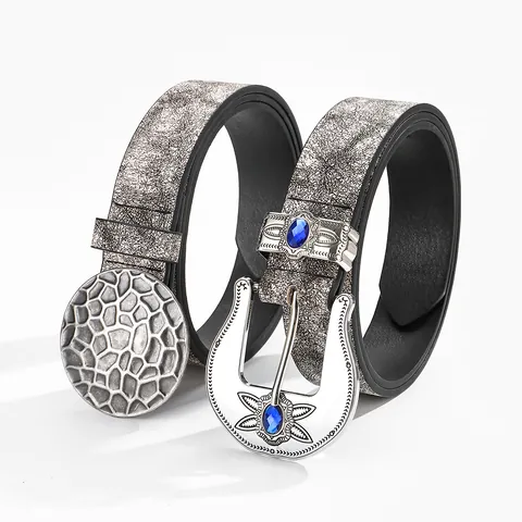 Cintura Vintage Western in Pelle PU Donna Con Fibbia Argentata Incisa Pietra Blu Sintetica Texture Crepata in Rilievo