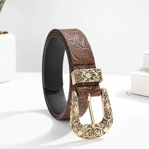 Women Vintage Embossed PU Leather Belt With Golden Alloy Pin Buckle Retro Western Floral Carved Waist Strap For Casual Fashion Accessories
