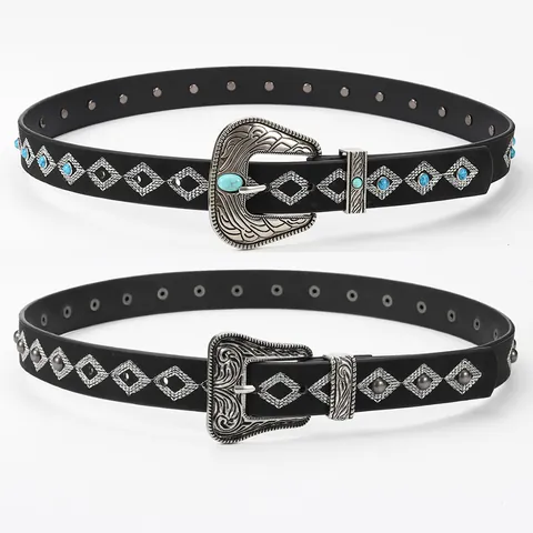 Westlicher Vintage Damen Schwarz PU Ledergürtel Rhombus Bestickt Türkis Perlen Dekorative Geschnitzte Schnalle Boho Taillengürtel
