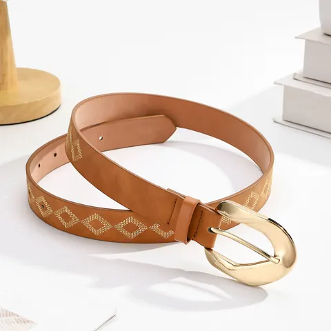 Women Vintage Bohemian Embroidered PU Leather Belt Western Carved Alloy Buckle Diamond Pattern Fashion Waist Strap Accessory