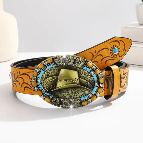 Vintage Western Cowboy Belt For Men Floral Embossed PU Leather Waistband With Large Cowboy Hat Buckle Turquoise Stones