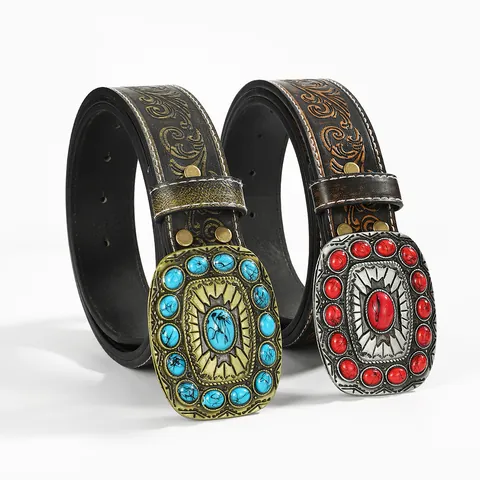 Western Vintage PU Leather Belt For Women Men Bohemian Embossed Floral Pattern Large Alloy Buckle Decorative Waist Strap