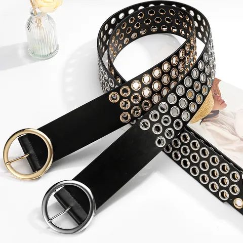 Women Y2K Punk Wide Faux Leather Belt With Metal Grommets And Round Pin Buckle Vintage Fashion Studded Waist Belt Accessory