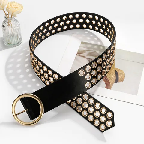 Women Y2K Punk Wide Faux Leather Belt With Metal Grommets And Round Pin Buckle Vintage Fashion Studded Waist Belt Accessory