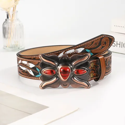 Women Vintage Western Cowboy Belt PU Leather Embossed Floral Bohemian Turquoise Alloy Buckle Casual Jeans Waistband