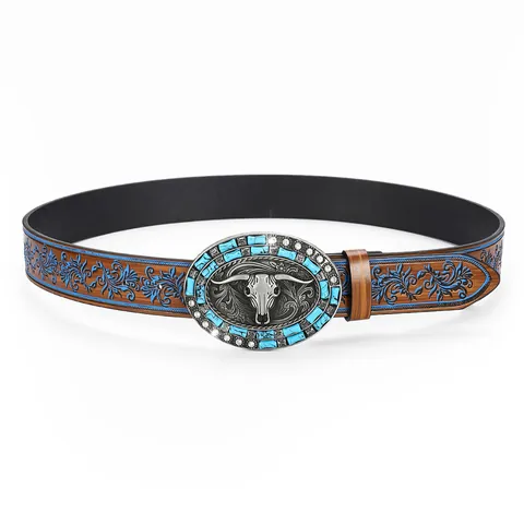 Vintage Western Cowboy Belt For Men PU Leather Embossed Floral Waistband With Bull Skull Buckle Turquoise Rhinestone Belt