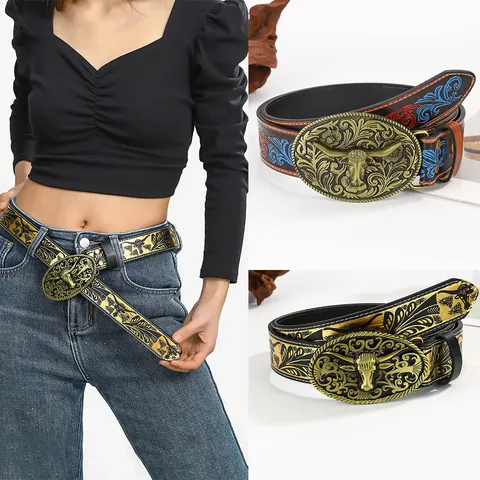 Western Cowboy Belt For Women Men Vintage Bull Head Alloy Buckle Embossed PU Leather Jeans Waist Strap Accessory