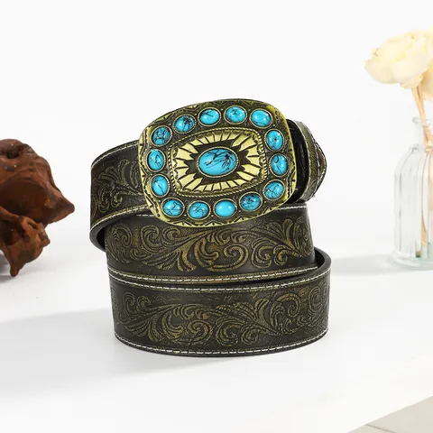 Western Vintage PU Leather Belt For Women Men Bohemian Embossed Floral Pattern Large Alloy Buckle Decorative Waist Strap