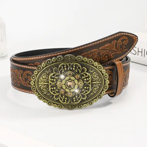 Vintage Western Cowboy PU Leather Belt With Alloy Carved Floral Bull Head Buckle Punk Y2K Embossed Waist Belt For Men Women