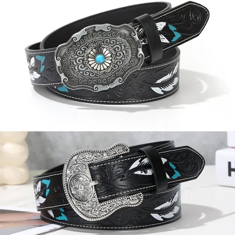 Women's Western Cowboy Vintage Belt PU Leather Embossed Floral Pattern Engraved Alloy Buckle Fashion Decorative Waist Belt