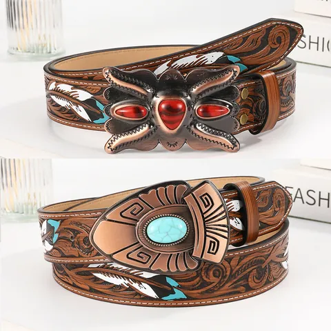 Women Vintage Western Cowboy Belt PU Leather Embossed Floral Bohemian Turquoise Alloy Buckle Casual Jeans Waistband