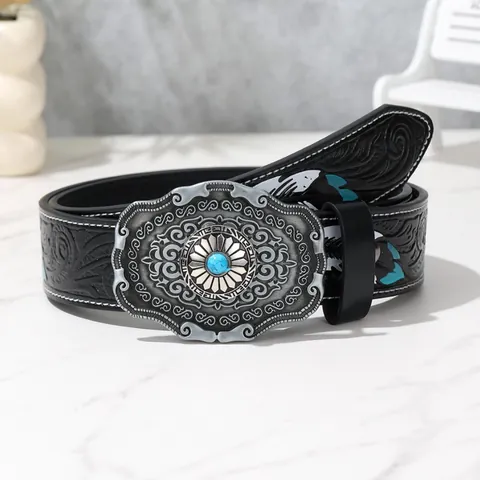 Women's Western Cowboy Vintage Belt PU Leather Embossed Floral Pattern Engraved Alloy Buckle Fashion Decorative Waist Belt