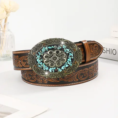 Western Cowboy PU Leather Belt With Large Turquoise Bull Head Buckle Vintage Floral Embossed Waist Strap For Jeans