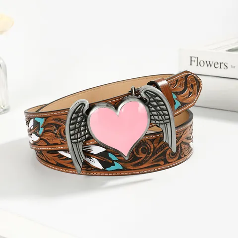 Vintage Western PU Leather Belt For Women Embossed Heart Wing Alloy Buckle Punk Rock Gothic Decorative Fashion Waist Belt