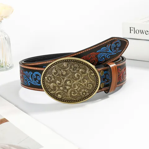Vintage Western Ethnic Embossed PU Leather Belt For Women Large Carved Alloy Buckle Bohemian Cowboy Style Fashion Waistband