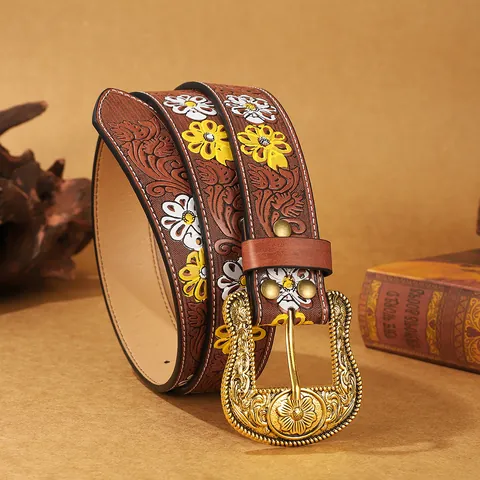 Vintage Western PU Leather Belt For Women Embossed Floral Pattern Bohemian Ethnic Style Alloy Sunflower Rose Buckle Casual Jeans Pant Waist Strap