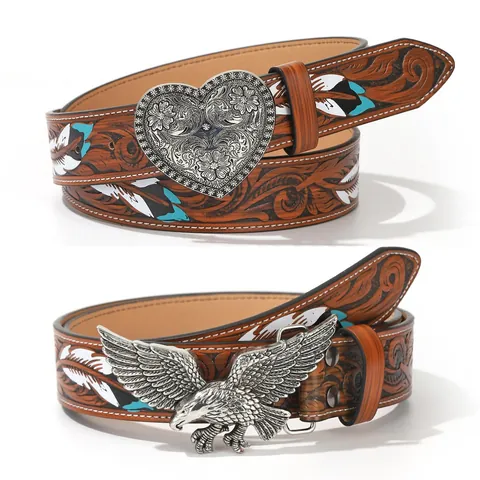 Women Vintage Western PU Leather Belt Feather Print Embossed Alloy Buckle Casual Fashion Waistband For Jeans Dresses